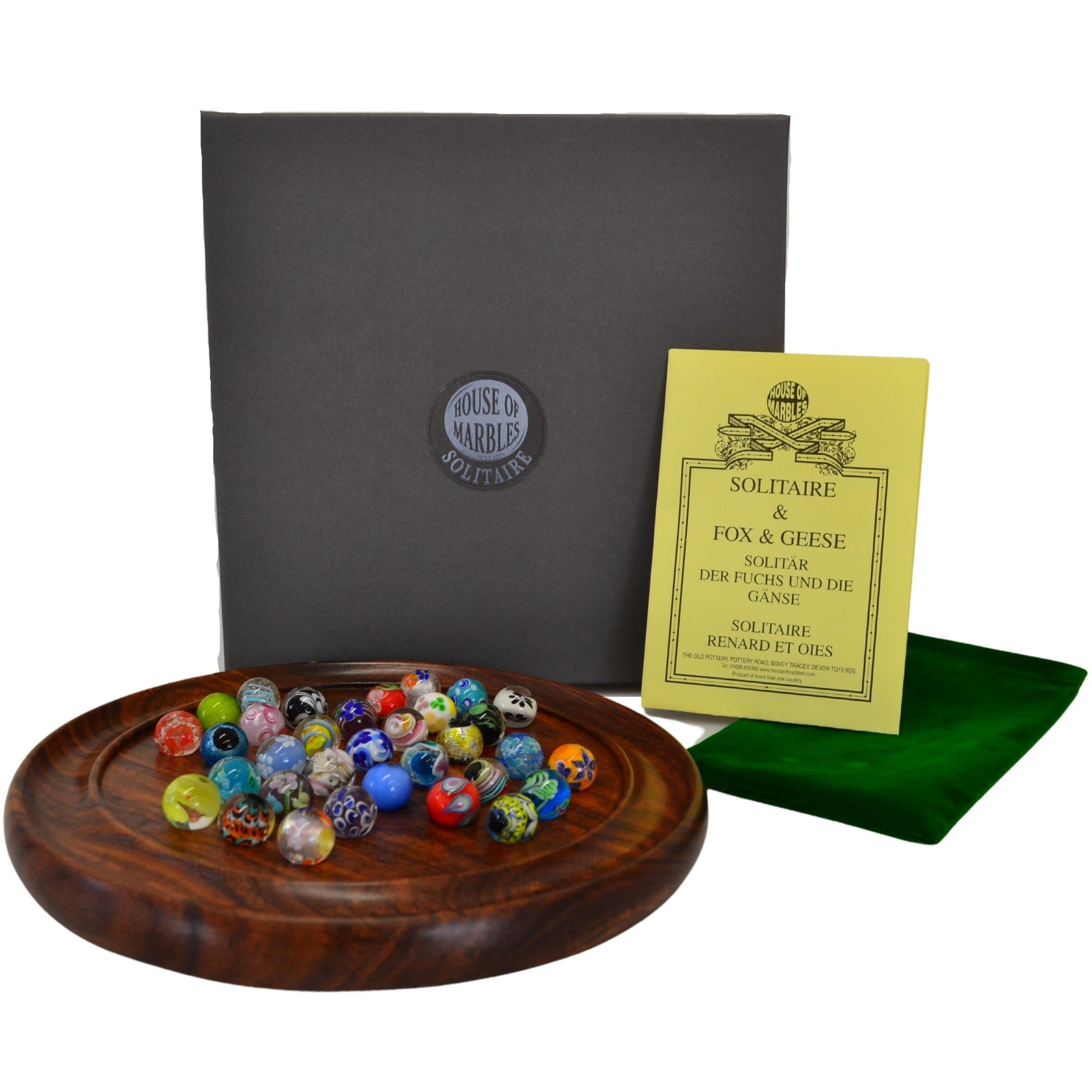 House of Marbles Handmade Standard Solitaire – Solid Wood Board, Handmade Glass Marbles