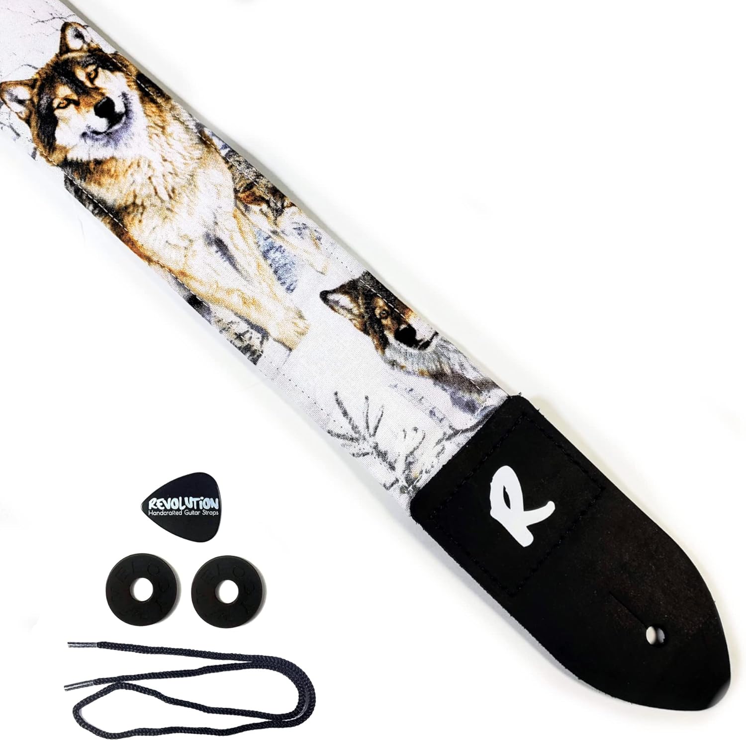 Mixed Media - Wolf Snow Guitar Strap - Snowy Wolves, Genuine Leather Ends, Includes 2 Strap Locks & 1 Pick. Adjustable Strap, Pick Pocket, For Bass, Electric & Acoustic Guitars Gift for Guitar Players Men, Women
