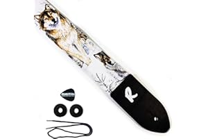 REVOLUTION STRAPS Wolf Snow Guitar Strap - Snowy Wolves, Genuine Leather Ends, Includes 2 Strap Locks & 1 Pick. Adjustable Strap, Pick Pocket, For Bass, Electric & Acoustic Guitars Gift for Guitar Players Men, Women