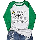 I Like to Smile Smilings My Favorite Shirt Christmas Women Cute Elf Hat Graphic Print Splicing Sleeve Tshirt