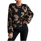 WDIRARA Women's Leopard Sweater Crew Neck Long Sleeve Vintage Knit Pullover Tops