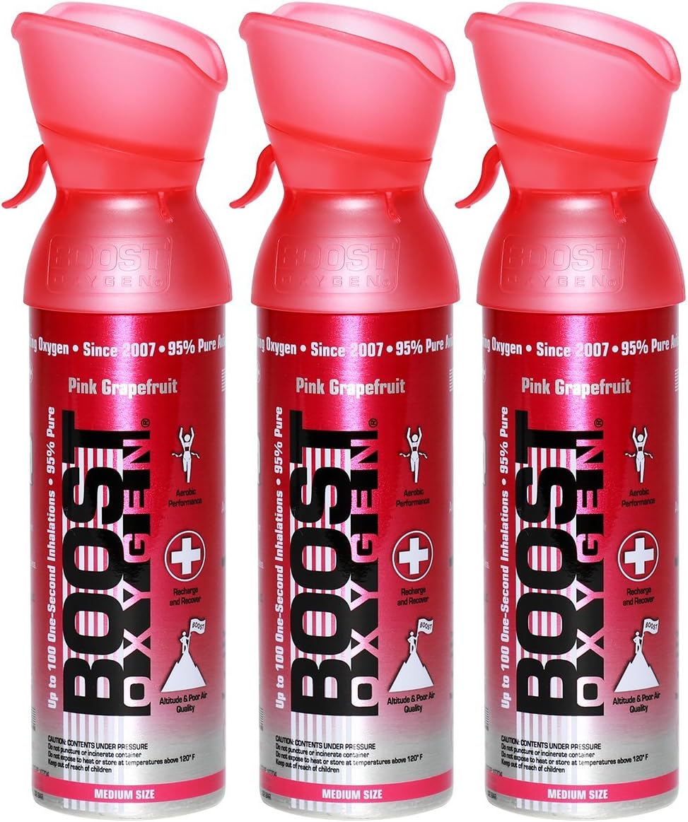 Boost Oxygen Supplemental Oxygen to Go | All-Natural Respiratory Support for Health, Wellness, Performance, Recovery and Altitude (5 Liter Canisters, 3 Pack, Pink Grapefruit)