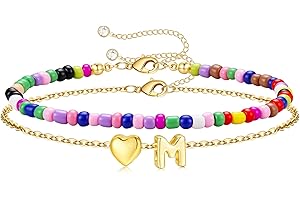M MOOHAM Initial Bracelets for Women - 14K Gold Plated Dainty Heart Letter A-Z Bracelet Colorful Beaded Initial Bracelet Layered Bracelets Jewelry Gifts for Women Lover Bridesmaids Friends