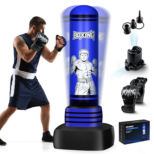 FREESTANDING PUNCHING BAG FOR ADULTS TEENS, 70” HEAVY BOXING BAG WITH GLOVES AND PUMP, WOMEN MEN STAND KICKBOXING BAGS, UPGRADED BIG BASE BOXING EQUIPMENT SET FOR TRAINING MMA FITNESS HOME GYM