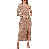 VERWIN Women's Sequins Dress One Shoulder Bodycon Oblique Collar Maxi Dress Sparkly Spilt Wrap Cocktail Dress
