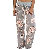 AMiERY Women's Comfy Casual Pajama Pants Floral Print Drawstring Palazzo Lounge Pants Wide Leg