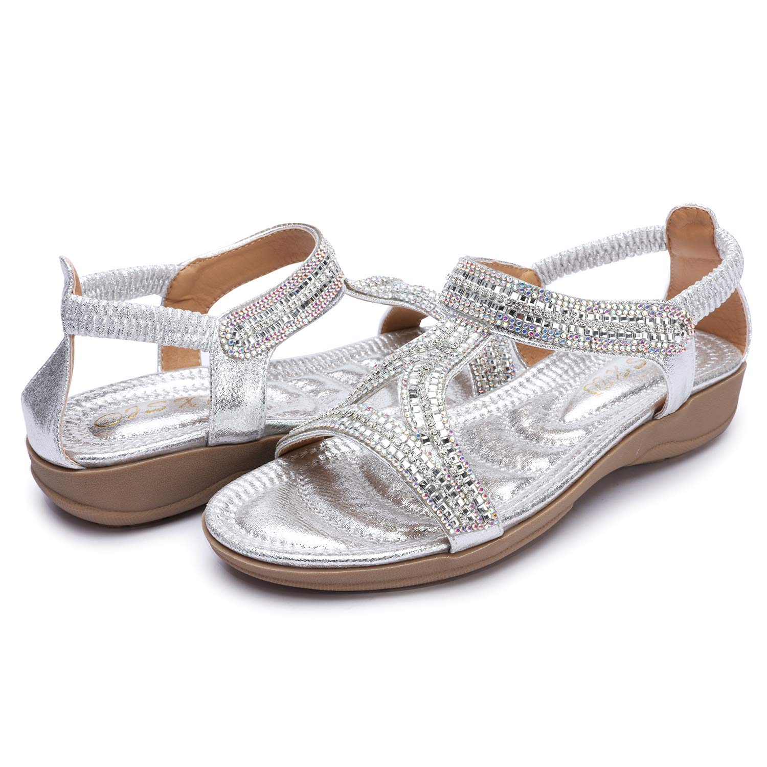Odema Womens Glitter Flat Sandals Rhinestone Open Toe Slip-on Dress Shoes - Image 8