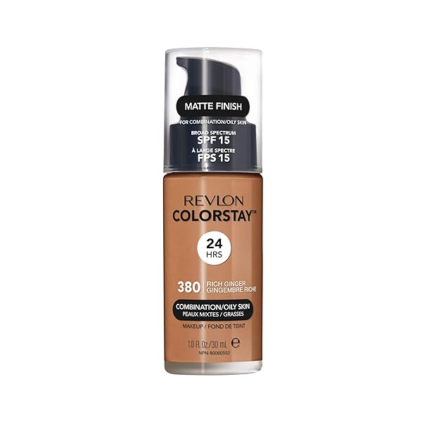 REVLON LIQUID FOUNDATION, COLORSTAY FACE MAKEUP FOR COMBINATION & OILY SKIN, SPF 15, MEDIUM-FULL COVERAGE WITH MATTE FINISH, 380 RICH GINGER, 1 FL OZ