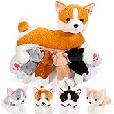 Honoson Nurturing Dog Mommy Plush Set with 4 Baby Puppies Soft Cute Dog Themed Stuffed Plush Toys for Kids Girls Boys Easter Birthday Gifts(Corgi)