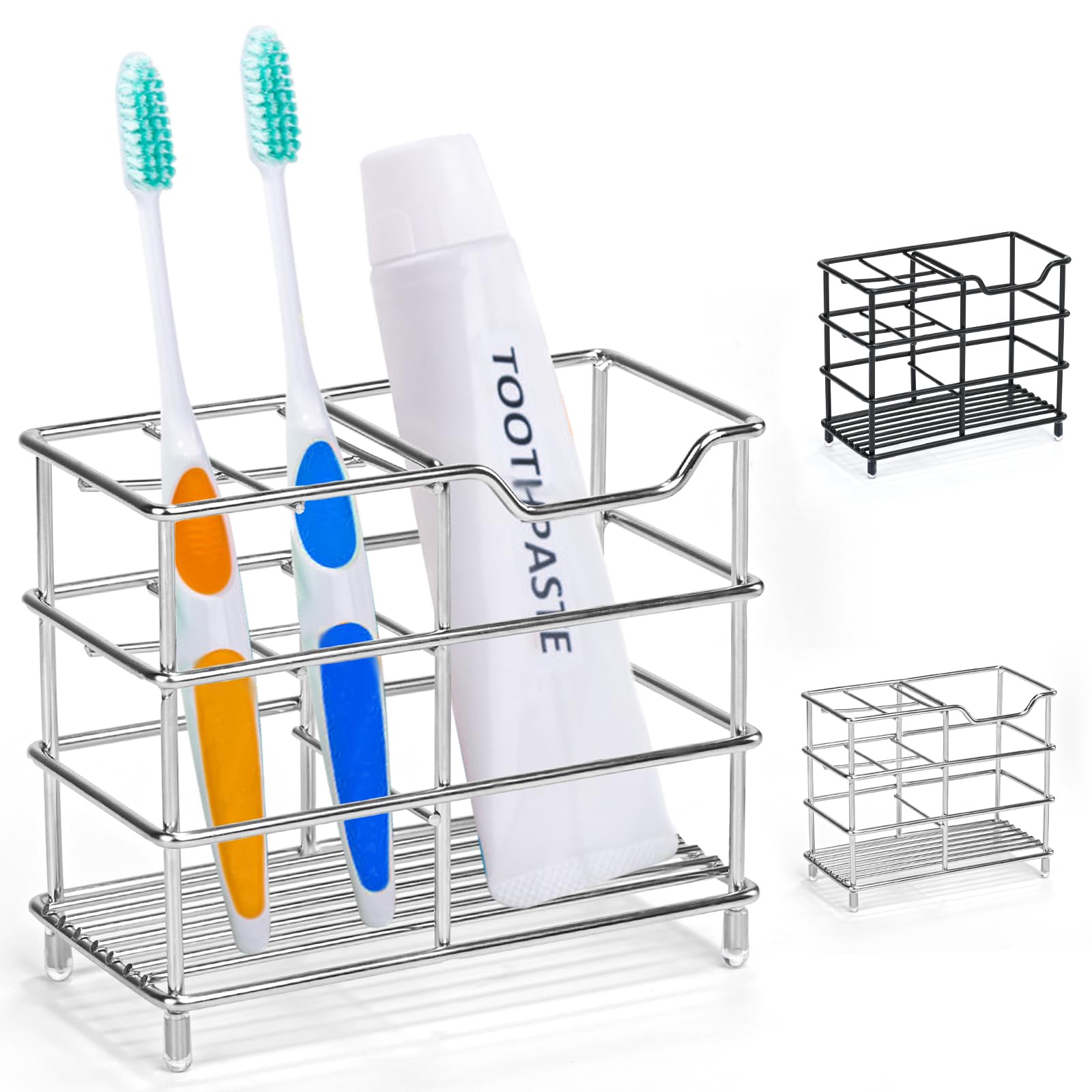 ONLYQIQIU Silver Toothbrush Holder for Bathroom Organiser Storage, 5 Slots Ventilated Toothbrush Stand Mould-Proof, Multifunctional Small Toothbrush Caddy Toothpaste Holder Stainless Steel