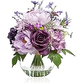 Artificial Flowers in Vase for Home Decor, Fake Lavender & Silk Peony Rose Bouquet Centerpieces in Glass Vase with Fake Water for Party Wedding Dinning Table Office Hotel Decor (Lavender Purple Mixed)