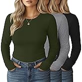 Evervibe 3 Pack Women's Plus Size Long Sleeve Shirts Crew Neck Slim Fitted Tops Casual Basic T-shirts with Thumb Holes