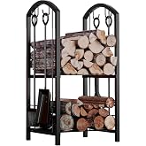 Fire Beauty Wrought Iron Firewood Log Rack with 4 Pcs Fireplace Tools Black | Sturdy Two-Tier Storage Design, Fits Indoor Fireplace &amp; Outdoor Fire Pit, Comes With Complete Fireplace Accessory Kit