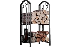 Fire Beauty Fireplace Firewood Log Rack 5-Piece Storage Logs Holder with Tools Set with 4 Tools Set Fireside Holders Wood Lumber Storage Stacking Black