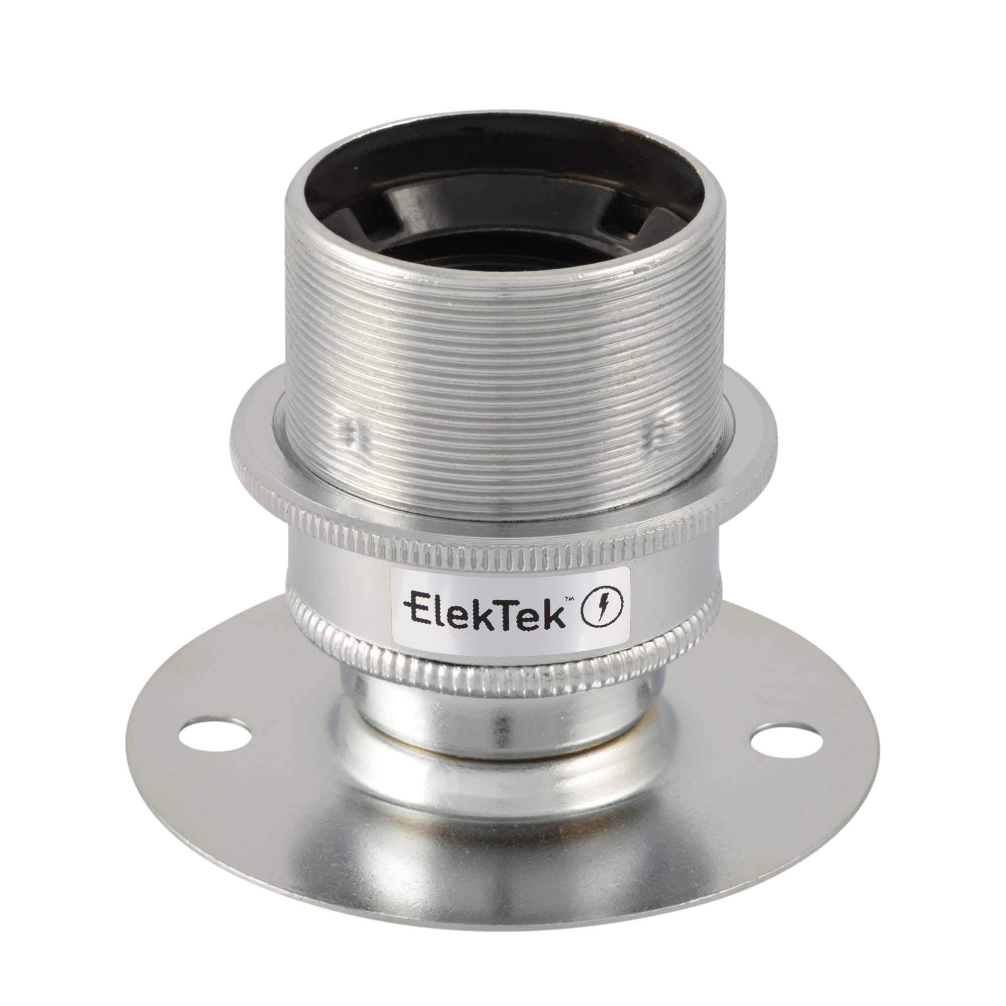 ElekTek Chrome E27 Batten Lamp Bulb Holder with Shade Ring ES Edison Screw - Flat Base fits BESA Conduit Box 50mm/2” Centre Fixings - Made in UK — image 1