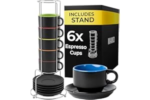 MIAMIO - 75 ml Espresso Cup Set with Saucers Coffee Mug Set of 6 - Ceramic Coffee Mug Stackable Espresso Mug with Stand for C