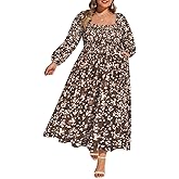 RITERA Plus Size Dresses for Curvy Women Square Neck Fall Long Sleeve Floral Smocked Maxi Dress with Pocket XL-5XL