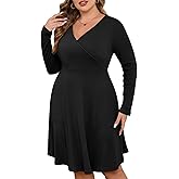 ZOMVA Plus Size Sweater Dress V Neck A-line Knee Length Dress Fall Winter Casual Ribbed Knit Long Sleeves