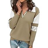 ANCAPELION V Neck Sweaters for Women Long Sleeve Colorblock Striped Knitted Pullover Fall Loose 2025 Trendy Jumper Tops
