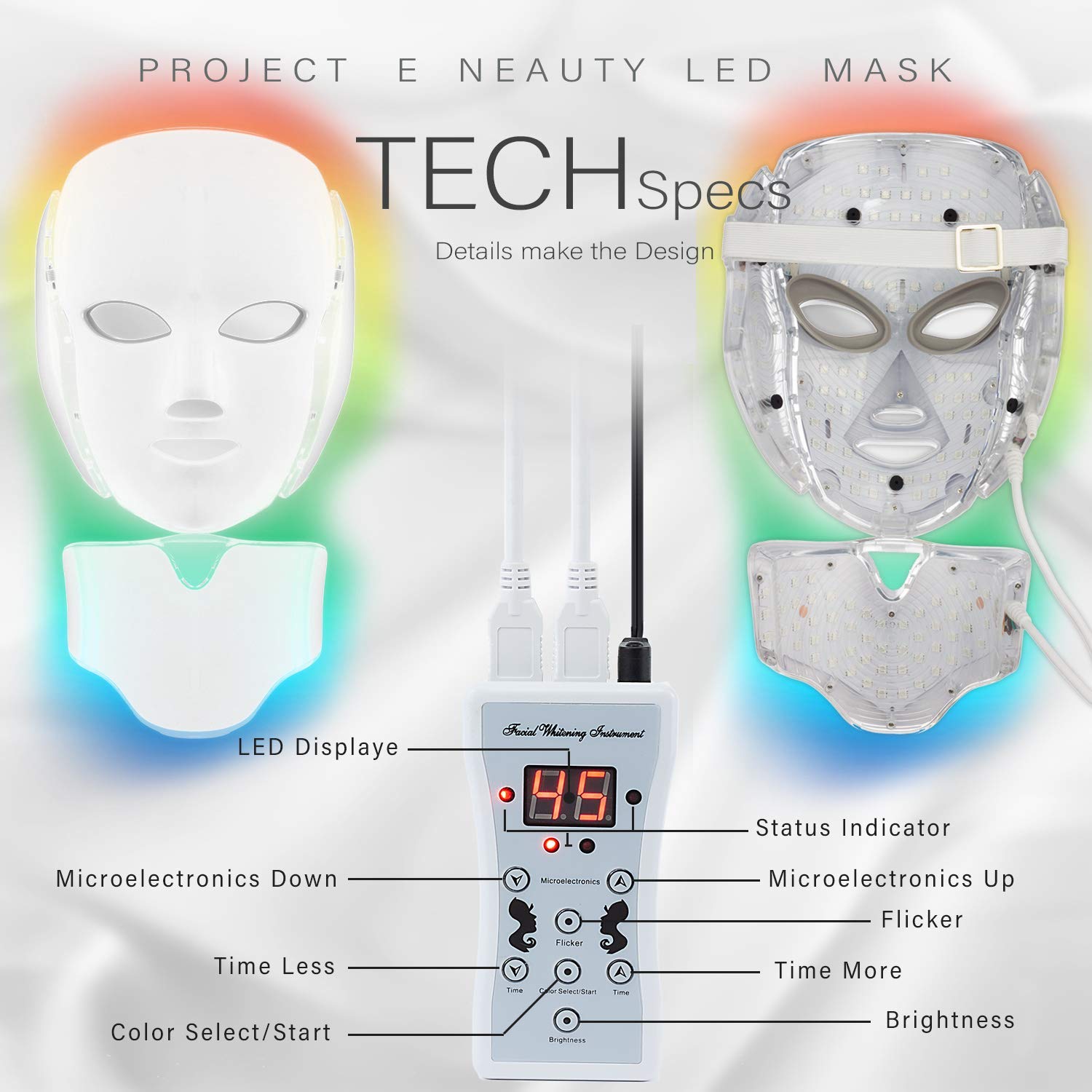 Led Face Mask with 7 Color Facial Skin Deall Mask Proven Light Therapy Acne Photon Mask (White) : Beauty