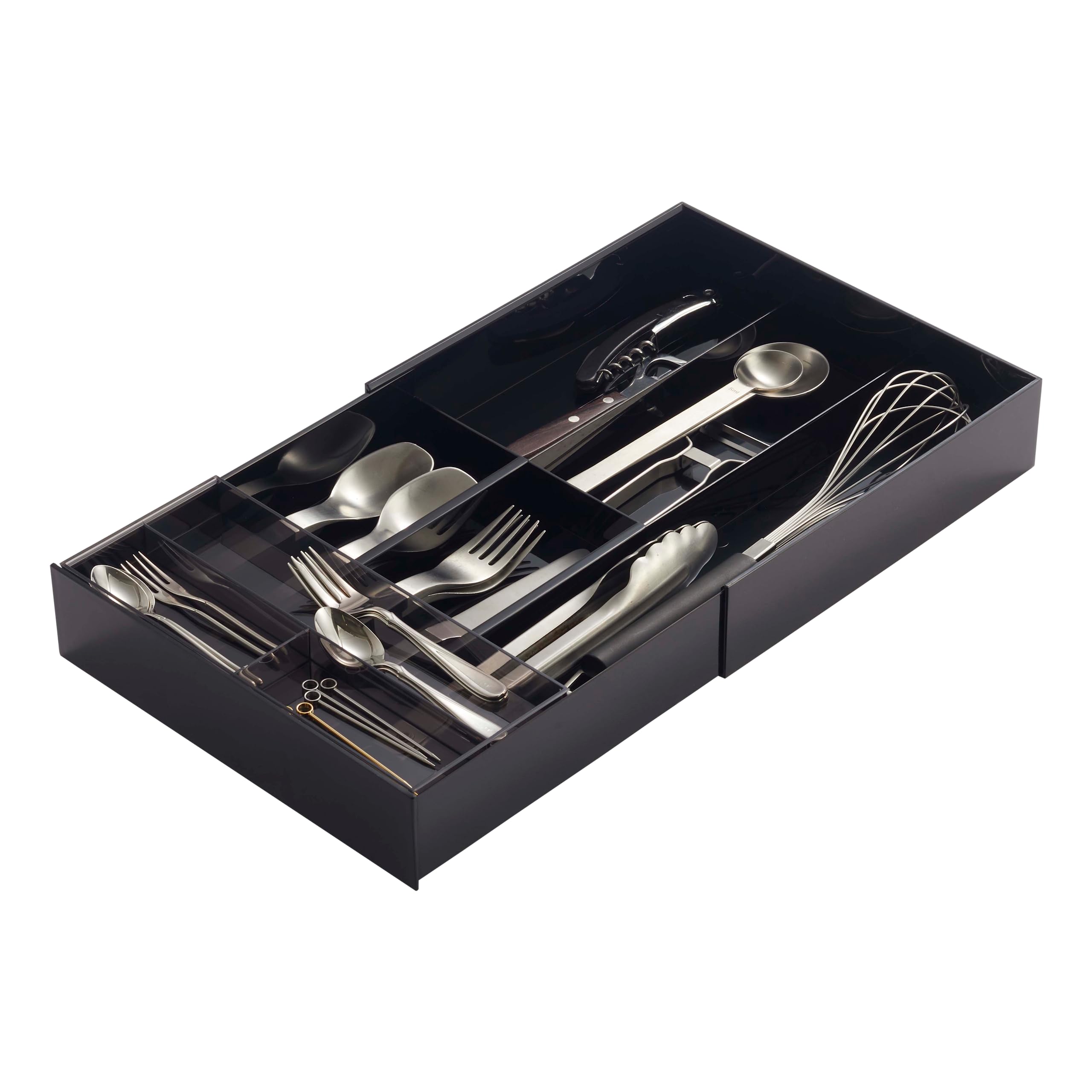 Yamazaki 3383 TOWER Extendable Cutlery Tray with Slide, Black, ABS Resin/PS Resin, Minimalist Design, 25 x 24.6 x 5.7 cm (LxWxH)