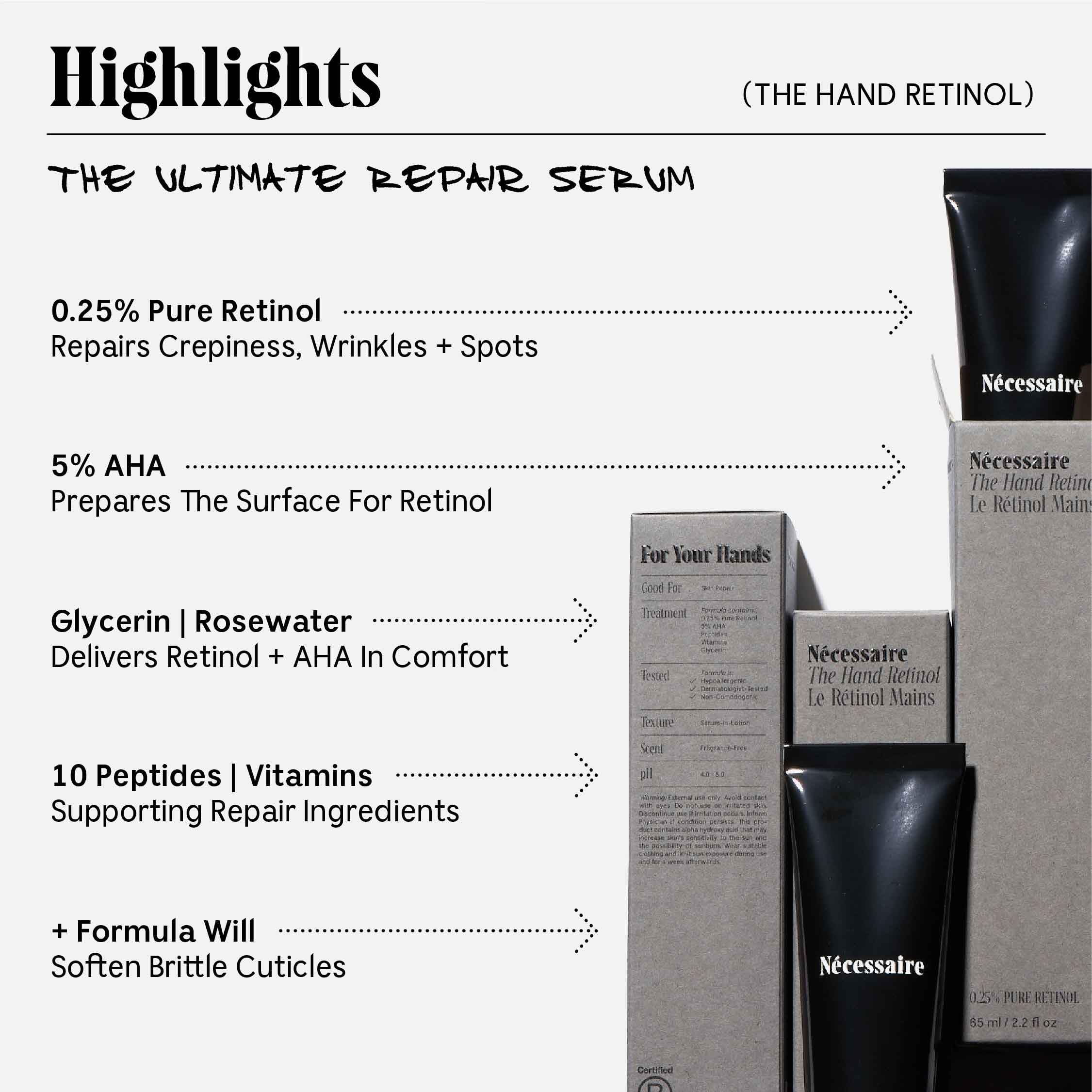 Nécessaire The Hand Retinol. Anti-Age Repair Serum. For Crepiness, Wrinkles, Spots, Brittle Cuticles. 0.25% Pure Retinol. 5% AHA. Dermatologist-Tested. Hypoallergenic. Non-Comedogenic.