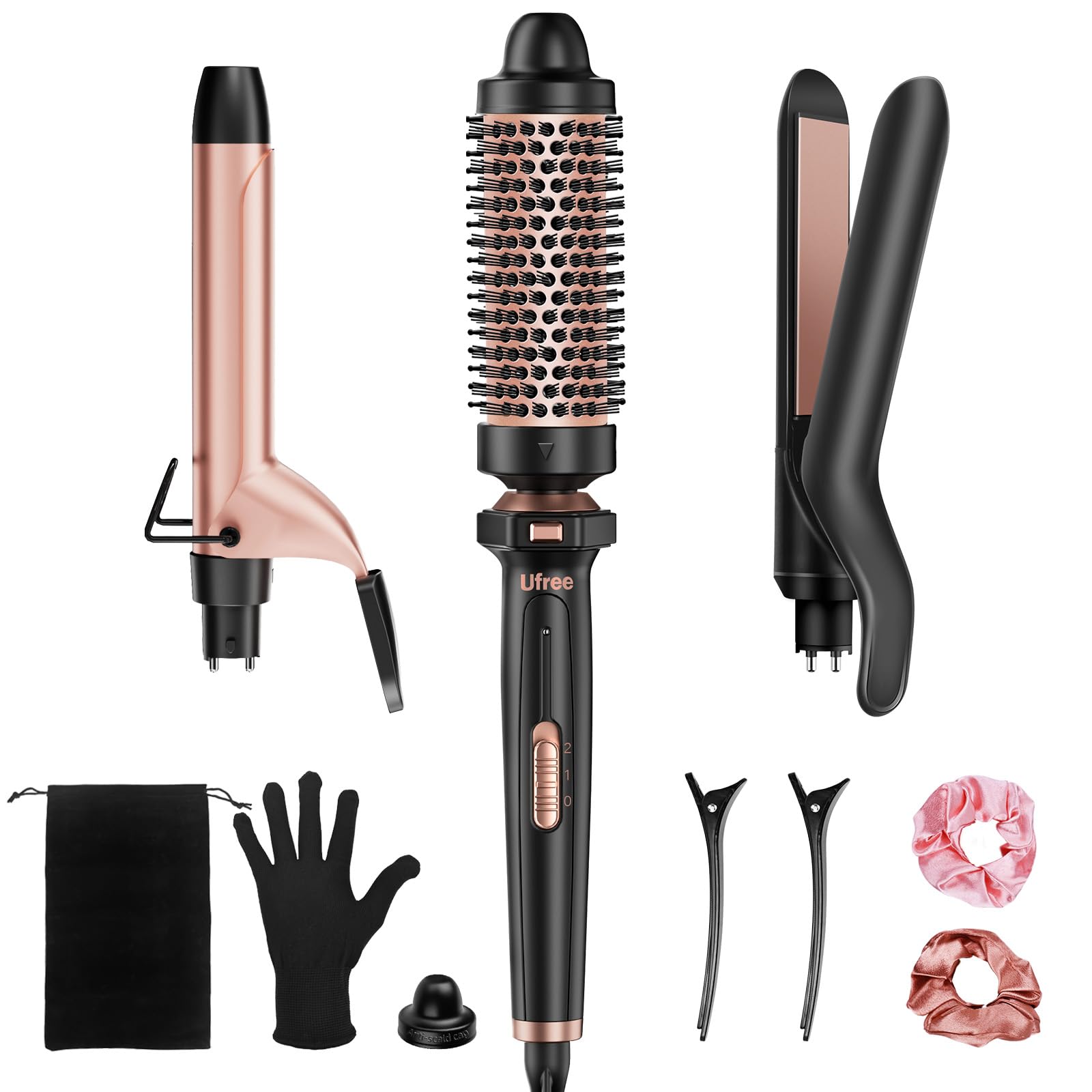 Photo 1 of Ufree 3 in 1 Curling Iron, Curling Wand Set with Thermal Brush Flat Iron Hair Straightener, Dual Voltage Wand Curler, Instant Heat Up Hair Curler, Include Protective Glove 2 Clips, Gifts for Women