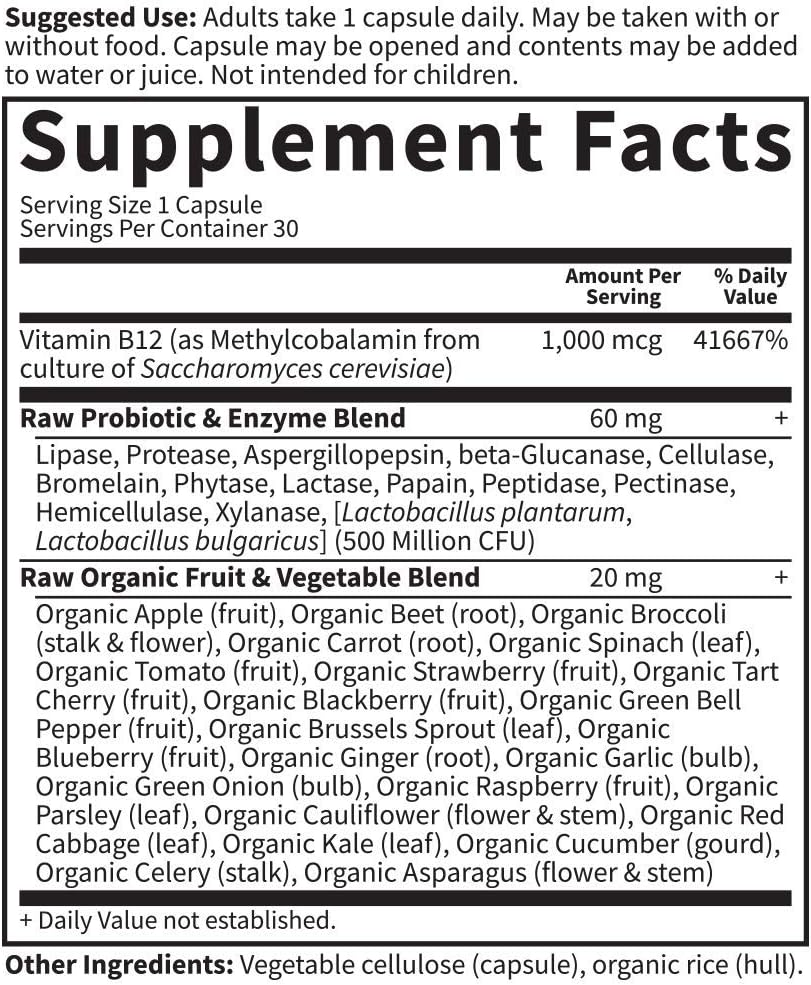 Garden of Life B12 - Vitamin Code Raw B-12 - 30 Capsules, 1,000mcg Whole Food B12 Methylcobalamin for Energy, Vegan Methylcobalamin B12 Vitamin Plus Probiotics and Enzymes, Gluten Free Supplements: Health & Personal Care