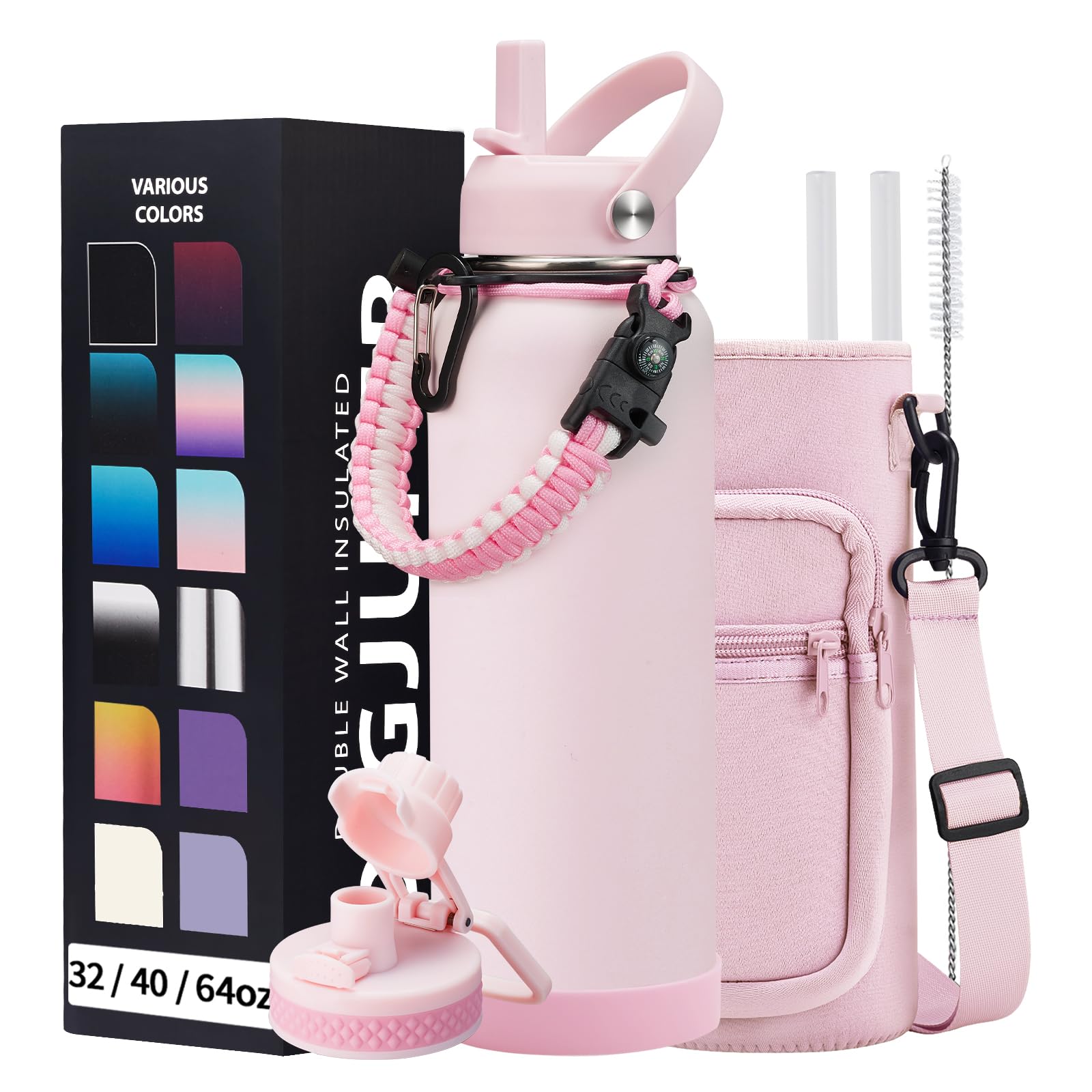 Photo 1 of 40 oz Insulated Water Bottles with Straw & Auto Chug Lid, Paracord Handle, Metal Flask Keep Cold-48H & Hot-24H, Double Vacuum Stainless Steel Travel Jug with Carrying Case for Gym Workout Running