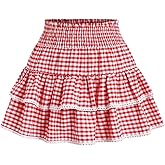 BEAUDRM Women's Y2K Gingham Skirt Plaid Ruffle High Waist A-Line Cake Mini Skirts with Lace Hem