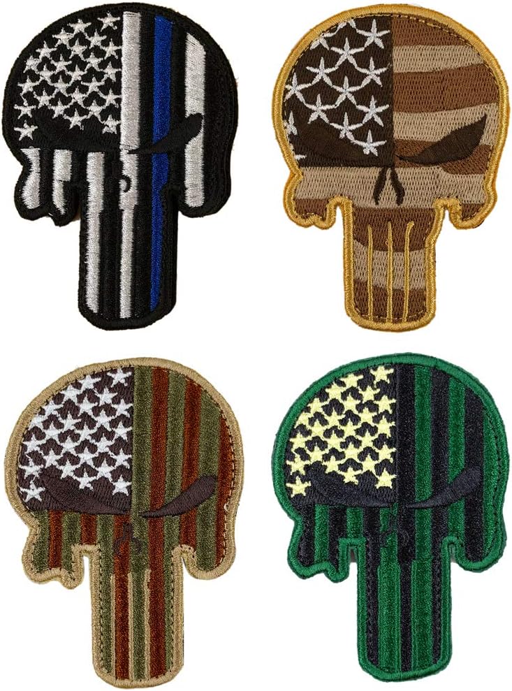JumpyFire Tactical Skull Velcro Patch, 4 PCS Embroidered Military Morale Patches for Backpack Hat Jacket Jeans Uniform