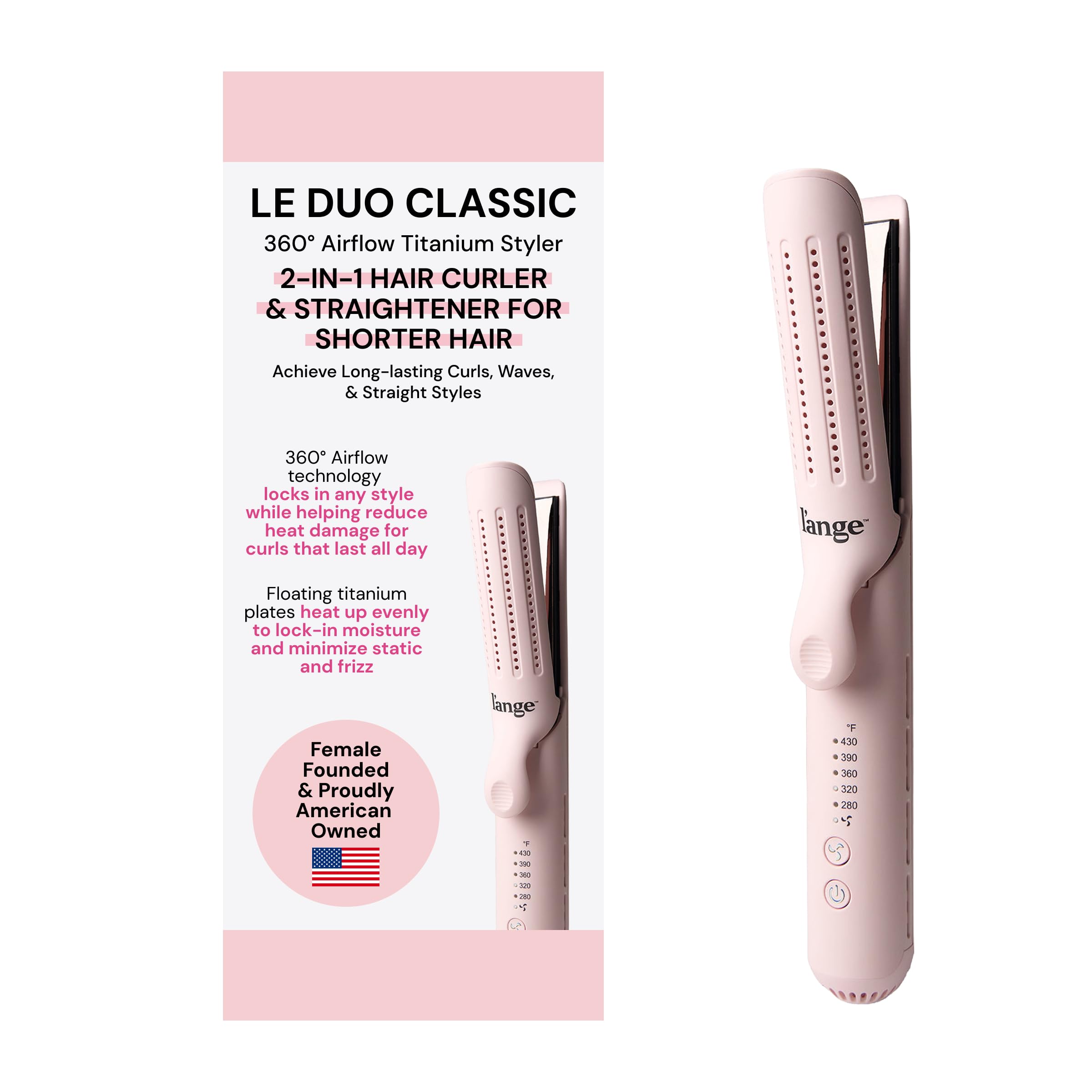 Photo 1 of L'ANGE HAIR Le Duo Standard 360° Airflow Styler | 2-in-1 Curling Wand & Titanium Flat Iron Hair Straightener | Professional Hair Curler with Cooling Air Vents | Dual Voltage & Adjustable Temp (Blush)