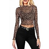 Women's Leopard Print Mesh Crop Top Long Sleeve Sheer See Throught Going Out Shirt