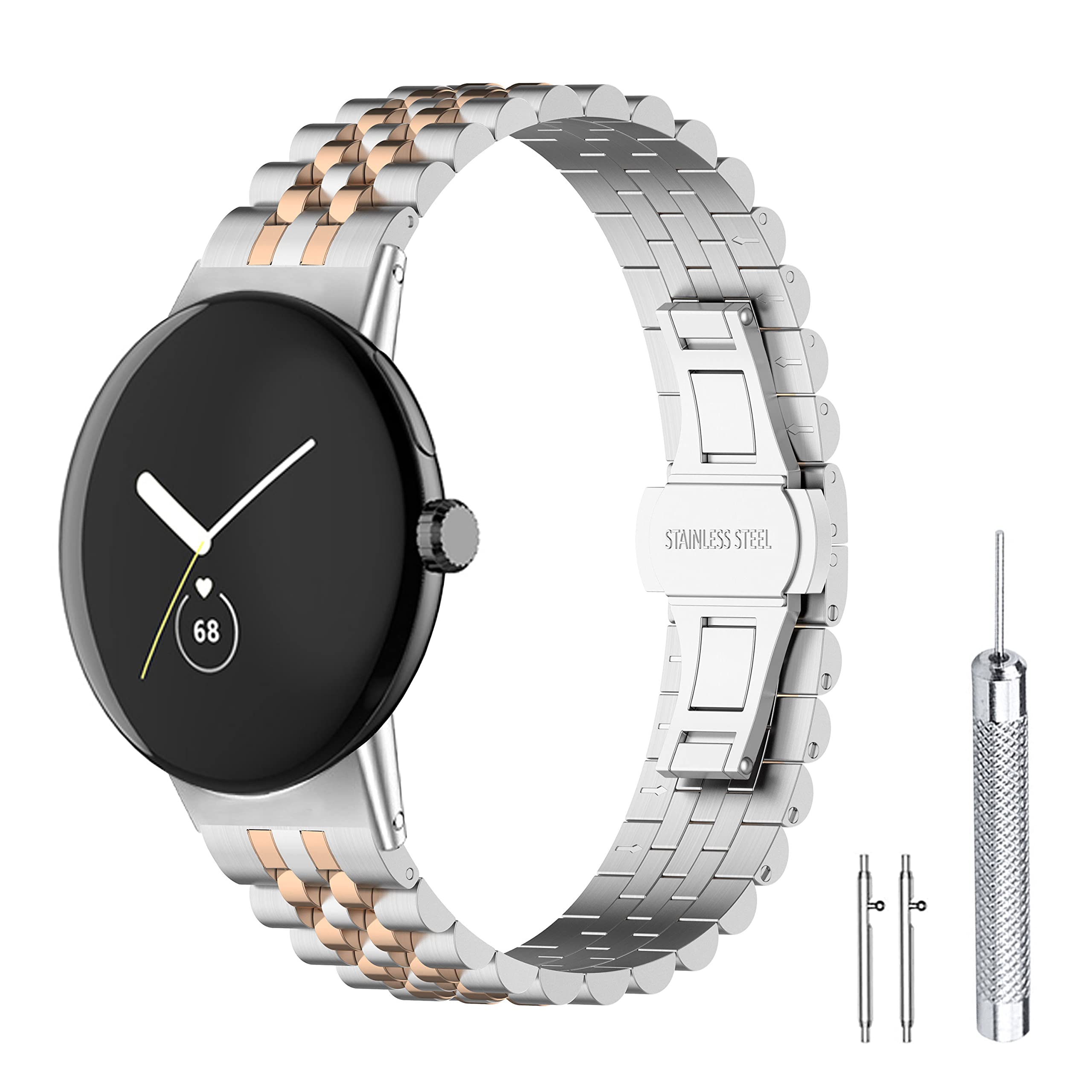 SMYAOSI Stainless Steel Metal Strap Compatible with Google Pixel Watch, Butterfly Clasp, Adjustable 140mm - 220mm, Silver Rose Gold Silver