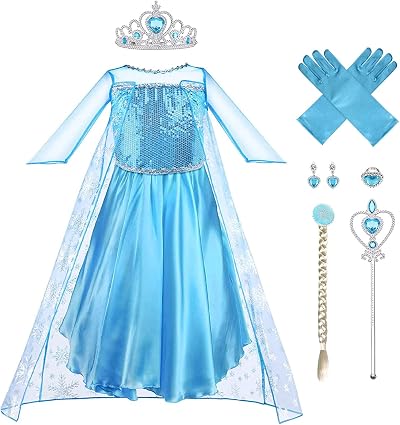 Vicloon Elsa Dress 5Pcs Princess Costume Set with Crown Wand Gloves Tiara