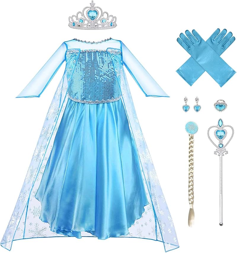 Vicloon Elsa Dress 5Pcs Princess Costume Set with Crown Wand Gloves Tiara