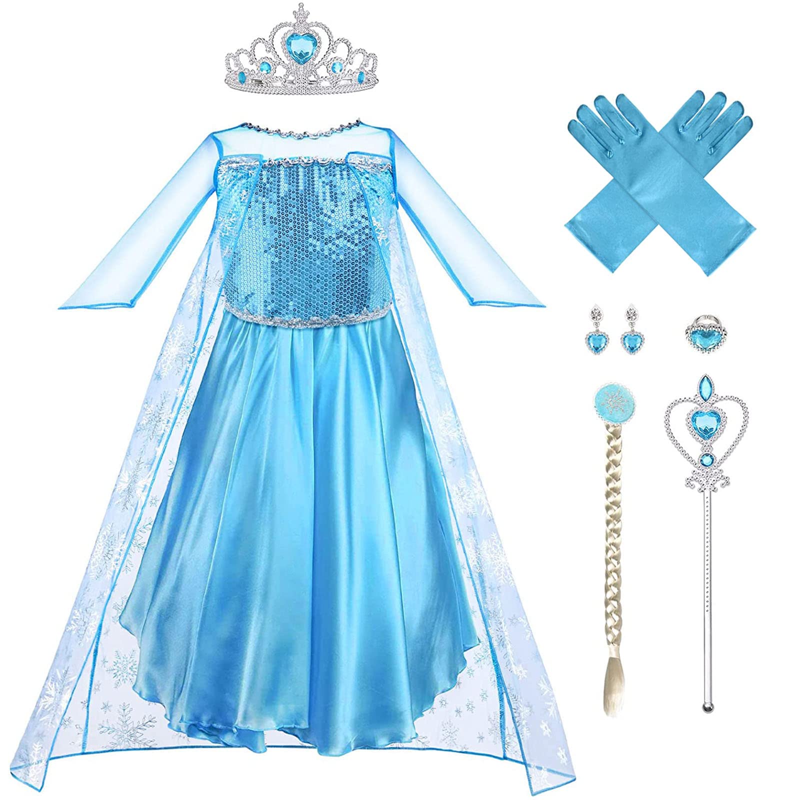 Vicloon Elsa Dress, 5PCS Elsa Princess Costume, Elsa Costume Dress with Fairy Crown Wand Gloves and Tiara, Fancy Blue Dress with Elsa Dress Up Accessories Set for Cosplay, Girls Party (3 years)