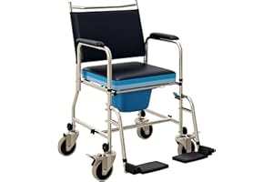 HOMCOM 3 in 1 Shower Commode Wheelchair with 4 Lockable Wheels, Bedside Commode Chair with Arms, Footrests, Detachable Bucket