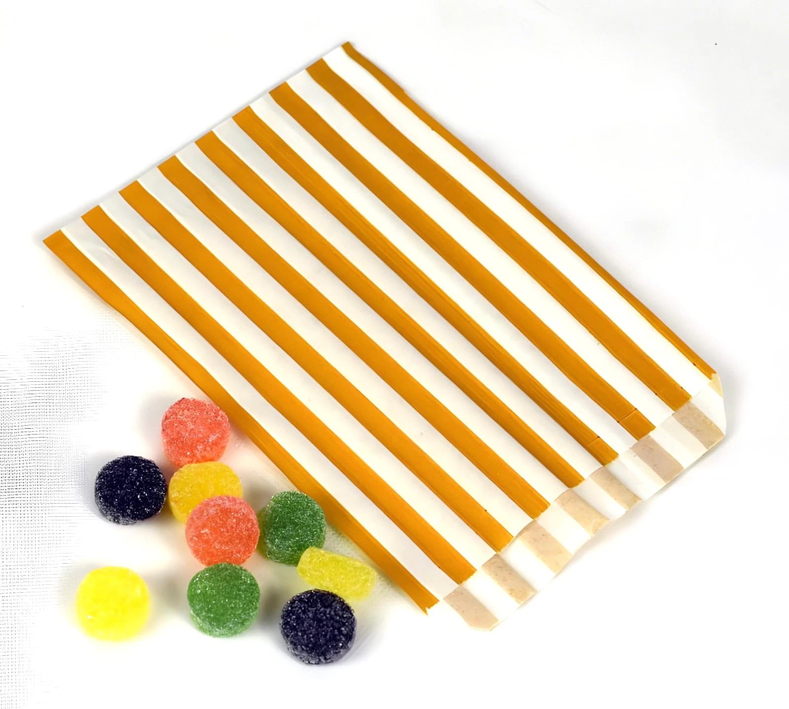 200 Gold 5" x 7" Striped Candy Sweet Paper Bags | Wedding Buffet Favour Cake Gift Pick n Mix Shop | Premium Quality UK Made