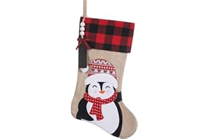TWSANTAMAS Christmas Stockings Personalized, 20" Burlap Plaid Xmas Stocking with Wooden Tags DIY Name,Farmhouse Holiday Decoration Gifts（Penguin）