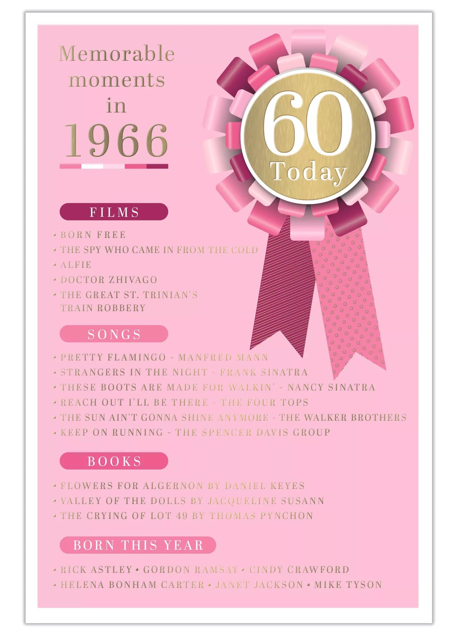 2026 60th Female Birthday Card - 1966 Was A Special Year - 60 Pink 9x6