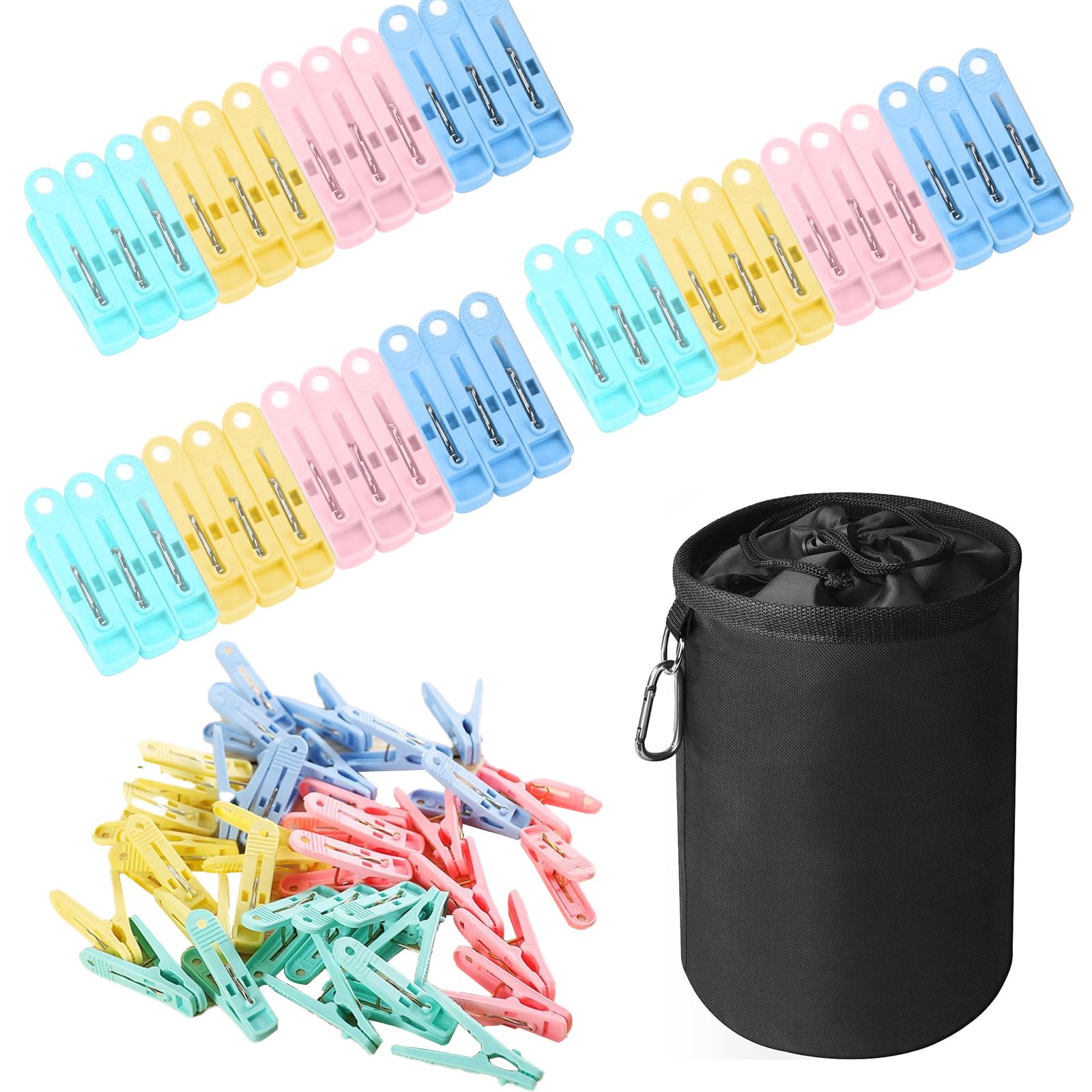 Clothes Pegs and Peg Bag, 60pcs Pegs for Washing Line with Bag, Plastic Soft Grip Clothes Pegs Clothes Peg Bags Hanging Peg Bag with Drawstring and Toggle Closing for Indoor outdoor use