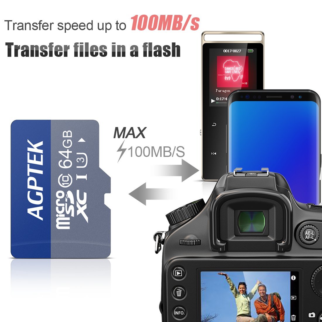 AGPTEK Carte Mémoire de 64Go avec Lecteur de Cartes, Carte Micro SD/TF Compatible avec Téléphone Intelligent, GPS, Tablettes PC, Appareils Photo Numériques et Tout MP3 AGPTEK- Noir et Bleu