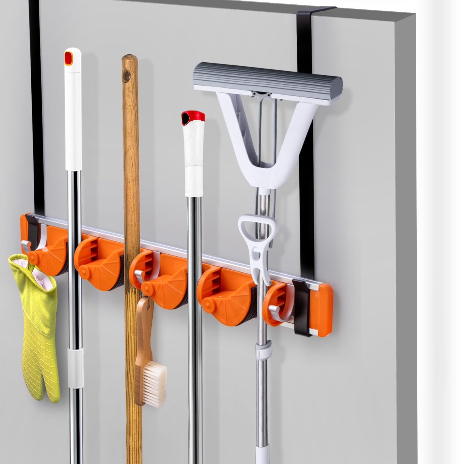 Photo 1 of AMZABBY Over The Door Broom and Mop Holder with 2 Hooks, broom and mop holder Tool Rack Organizer for Laundry Room Garage Kitchen Bathroom,4 Slots & 3 Hooks ?Orange?