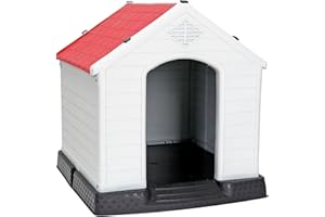 Pet Republic Large Plastic Dog House Indoor Outdoor Doghouse Dog Kennel Easy to Assemble Puppy Shelter with Air Vents Elevated Floor Waterproof (Red, 34inch)
