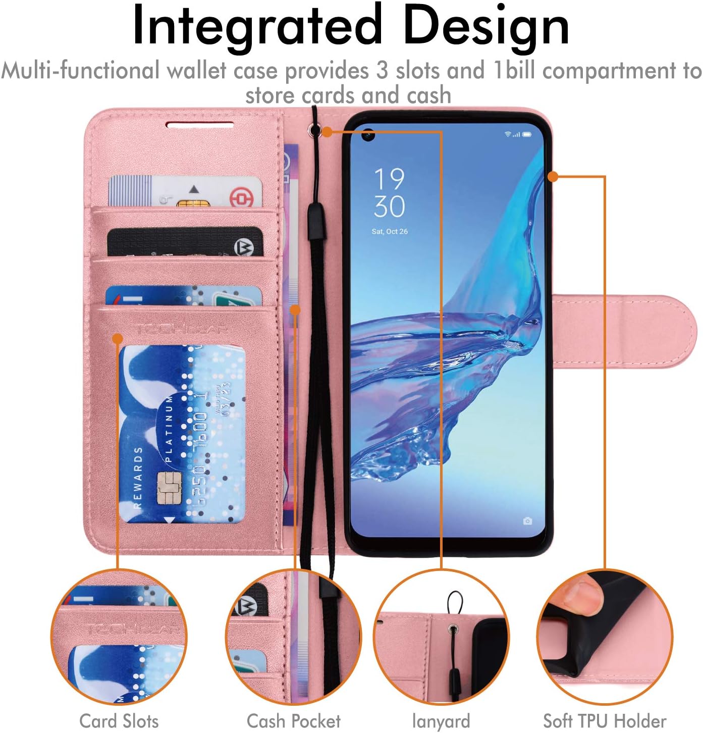TECHGEAR Leather Wallet Case for Oppo A53 / A32, Flip Protective Case Cover with Wallet Card Holder, Stand & Wrist Strap, Rose Gold PU Leather with Magnetic Closure - Image 4