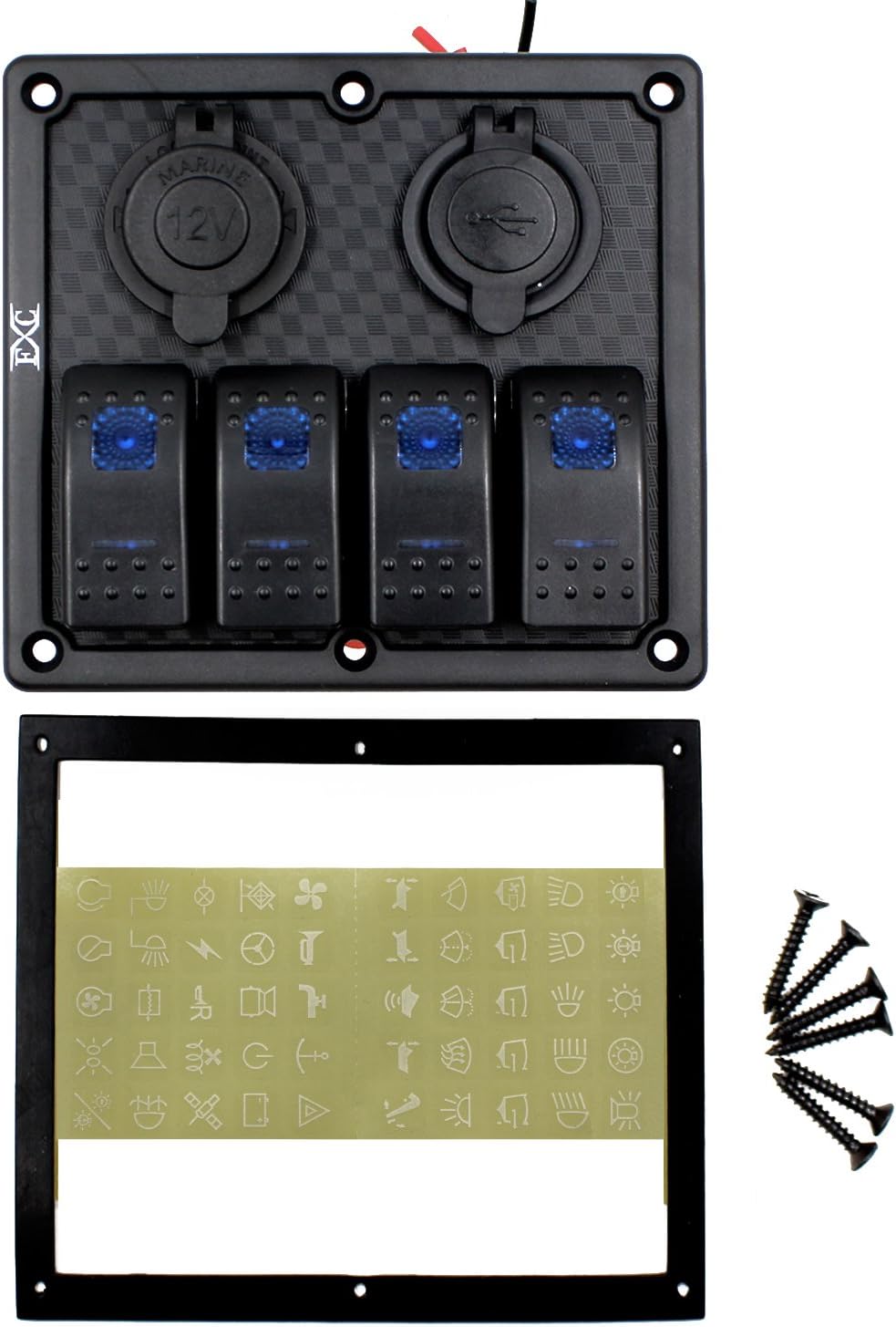FXC Waterproof Marine Boat Rocker Switch Panel 4 Gang with Dual USB Slot Socket + Cigarette Lighter LED Light for Car Rv Vehicles Truck (4 Gang Blue Light) : Sports & Outdoors