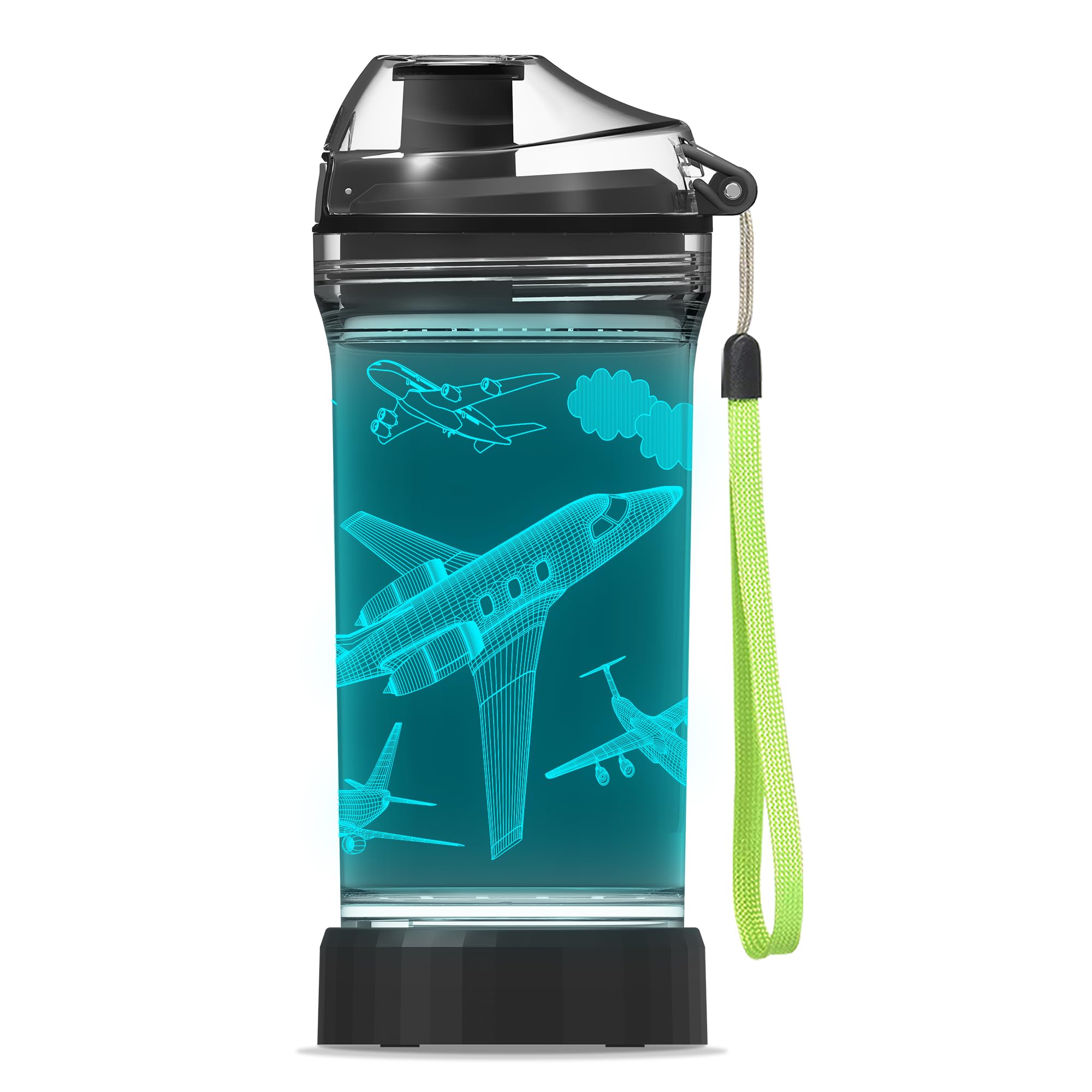 OkiyiD Airplane Water Bottle, Airplane Theme Light Up Sport Cup with 3D Glowing LED Aircraft Light – 14 OZ Tritan BPA Free - Gifts for School, Camping, and Holidays