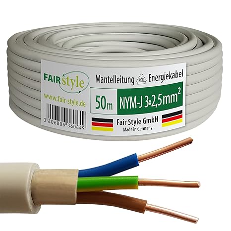 50m NYM-J 3x2,5 mm² Mantelleitung Elektro Strom Kabel OFC MADE IN GERMANY, Model 7368