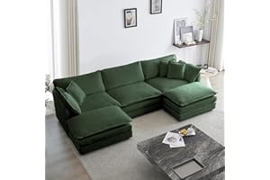 KIVENJAJA Chenille U-Shaped Modular Sectional Couch, Modern Comfy 3 Seater Deep Seat Cloud Couch with 2 Ottomans/Chaises & 5 Pillows for Living Room Office Apartment, 111.5”W, Green